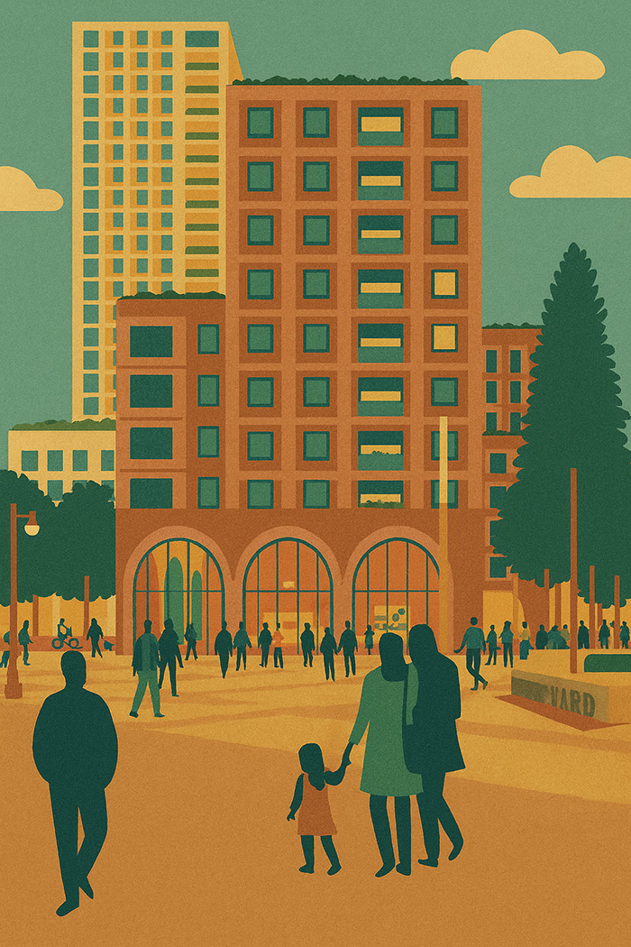 Resilient city residential block with arched base, greenery, and community plaza