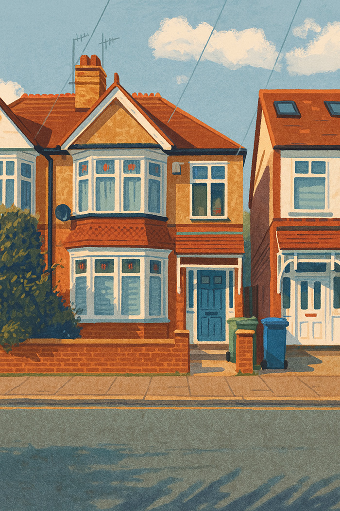 Hand-painted digital illustration of a semi-detached British home with bay windows, red tiled roof, and textured brick façade in London.