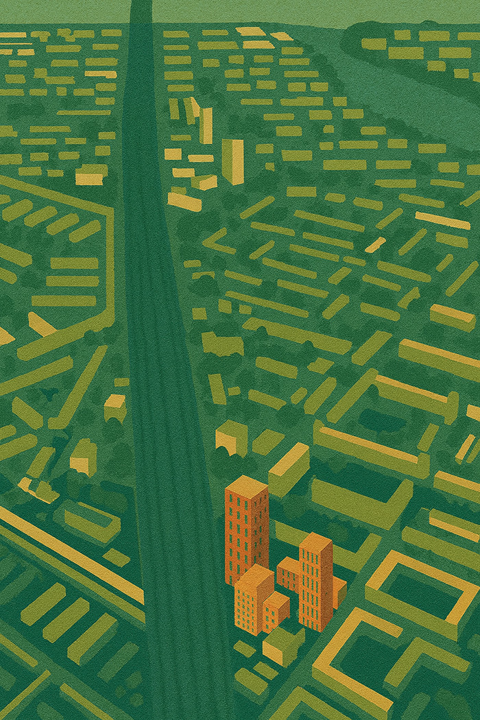 Aerial illustration of resilient urban masterplan with greenery and community spaces