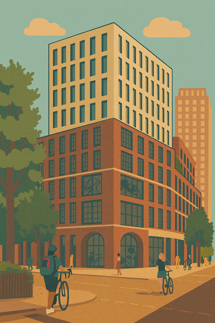 Mixed-use sustainable building with cyclists and community spaces in resilient city design