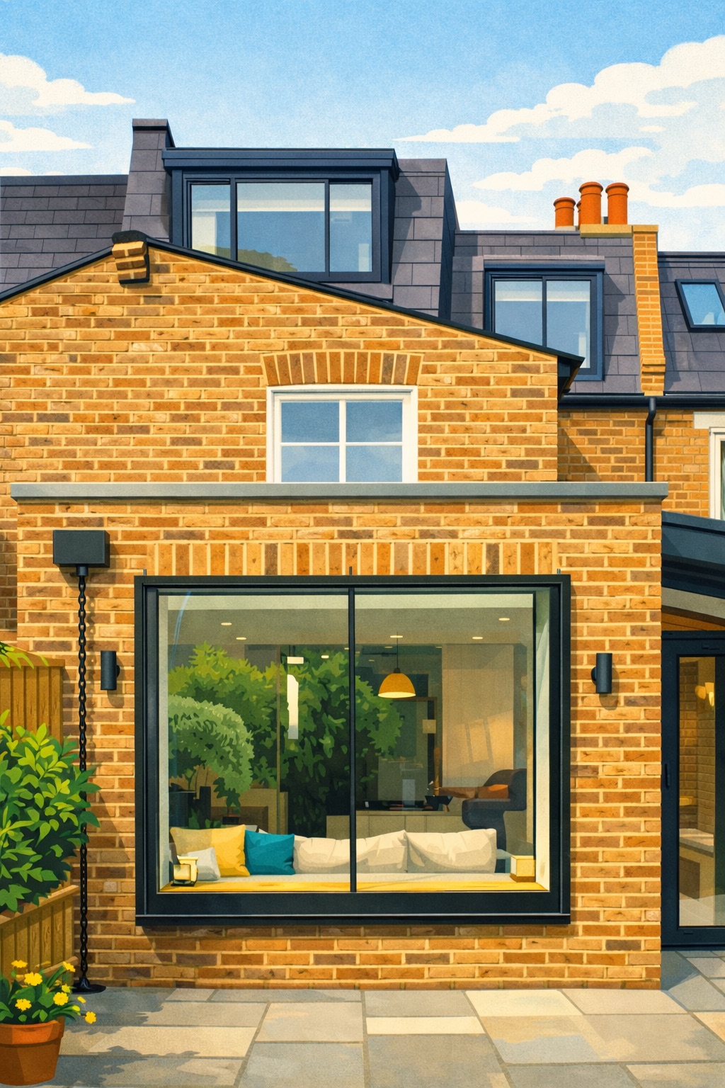 Architect-designed rear extension to a London terraced house with large sliding doors and brick detailing